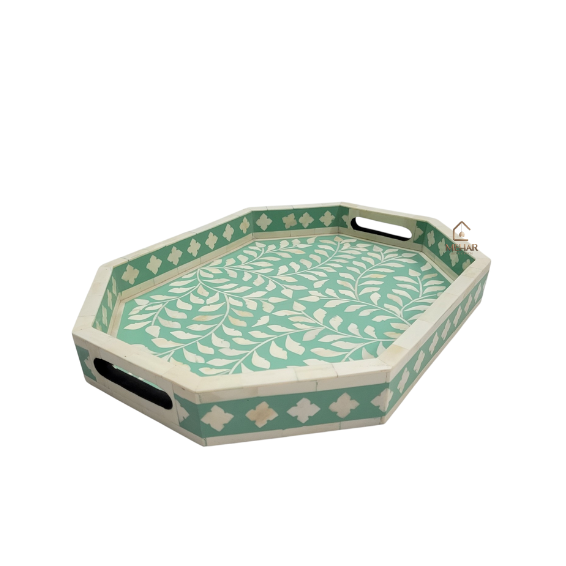 6 (3) WDN BONE INLAY TURQUOISE SERVING TRAY SET | HANDMADE FLORAL DECORATIVE TRAYS