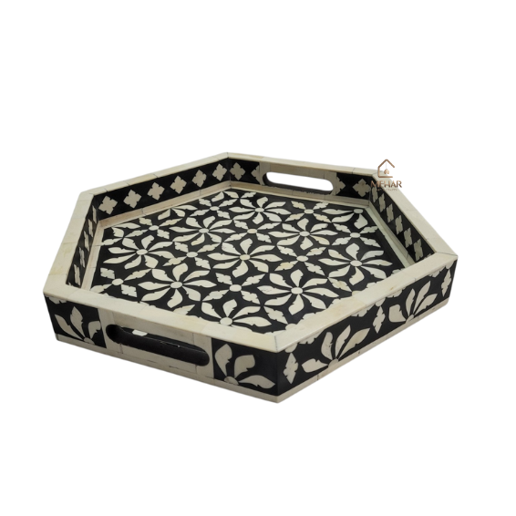 6 (3) WDN BLACK BONE INLAY SERVING TRAY SET OF 2 | HANDMADE FLORAL HEXAGON TRAYS