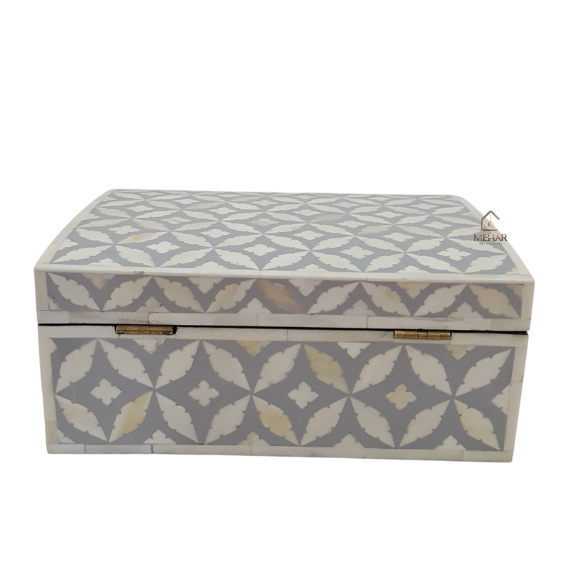 6 (4) WDN BONE INLAY JEWELRY BOX | GREY & WHITE HANDMADE DECORATIVE STORAGE BOX