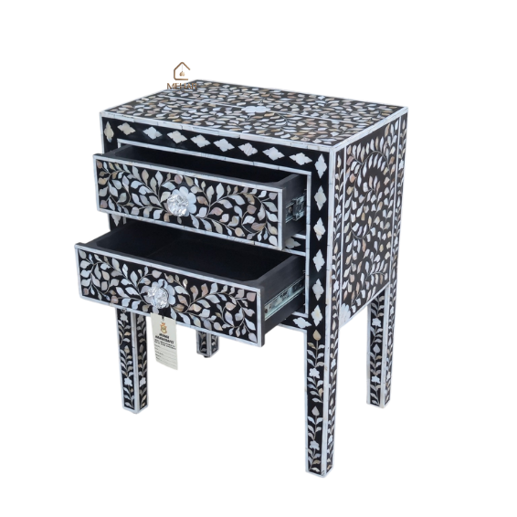 WDN MOTHER OF PEARL INLAY FLORAL BEDSIDE TABLE | HANDMADE LUXURY NIGHTSTAND