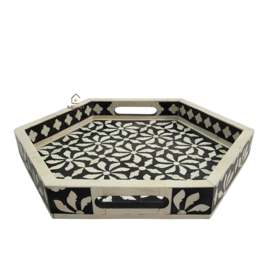 7 WDN BLACK BONE INLAY SERVING TRAY SET OF 2 | HANDMADE FLORAL HEXAGON TRAYS