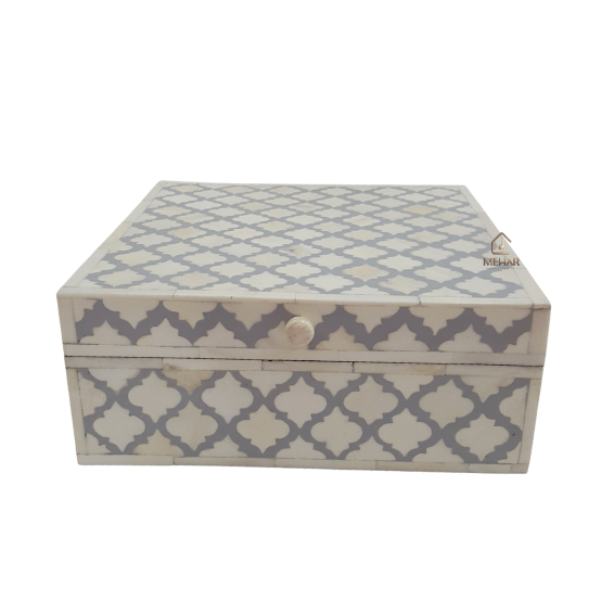 7 (2) WDN BONE INLAY KEEPSAKE BOX | GREY & WHITE HANDMADE STORAGE BOX
