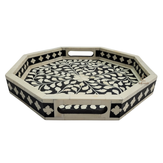 7 WDN BONE INLAY FLORAL SERVING TRAY SET | HANDMADE BLACK & WHITE TRAYS
