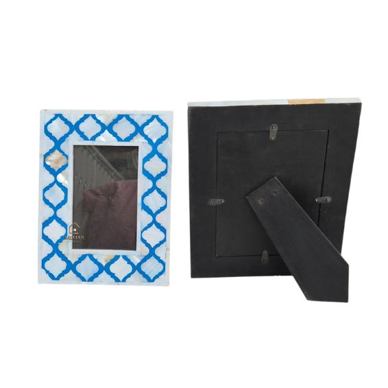 WDN MOTHER OF PEARL INLAY PHOTO FRAME SET | HANDMADE BLUE TRELLIS PICTURE FRAMES