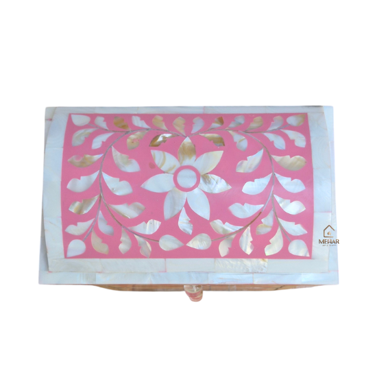 WDN MOTHER OF PEARL INLAY SMALL PINK CHEST OF DRAWERS | HANDMADE JEWELRY BOX