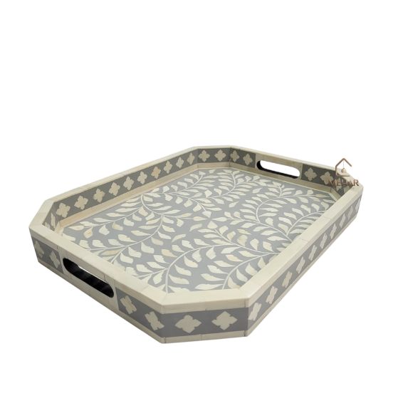 7 WDN GREY BONE INLAY SERVING TRAY SET | HANDMADE DECORATIVE TRAYS
