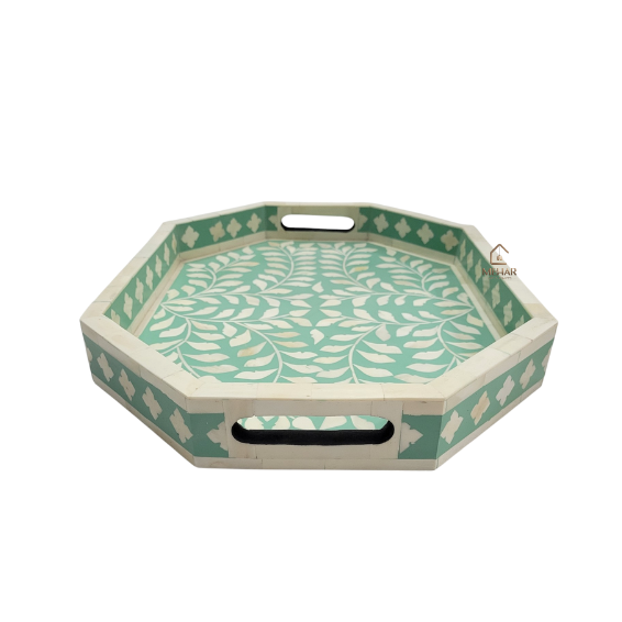 7 WDN BONE INLAY TURQUOISE SERVING TRAY SET | HANDMADE FLORAL DECORATIVE TRAYS