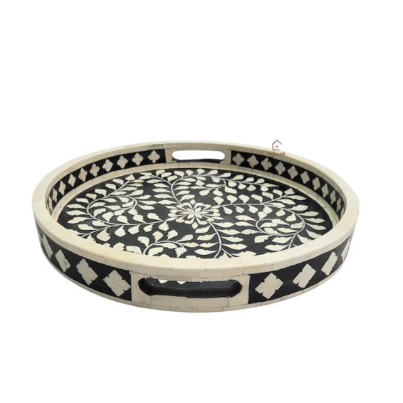 7 WDN BONE INLAY BLACK ROUND SERVING TRAY SET | HANDMADE DECORATIVE TRAYS