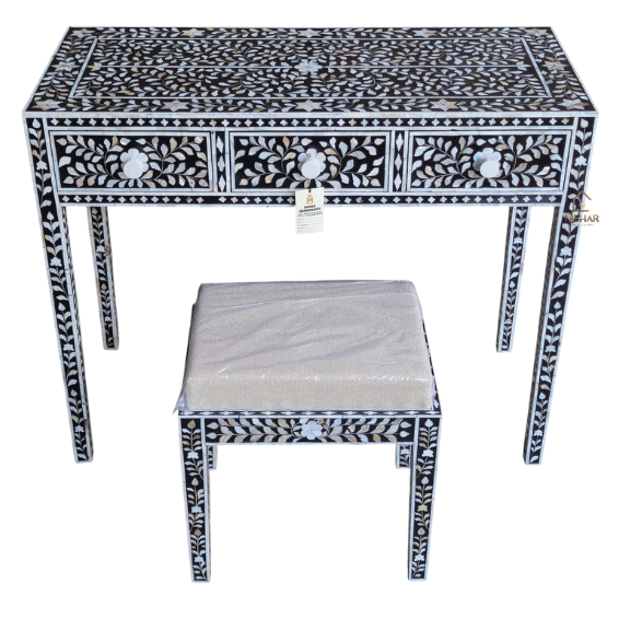7 WDN BLACK MOTHER OF PEARL INLAY FLORAL VANITY SET | HANDMADE DRESSING TABLE