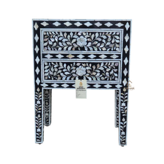 WDN MOTHER OF PEARL INLAY FLORAL BEDSIDE TABLE | HANDMADE LUXURY NIGHTSTAND