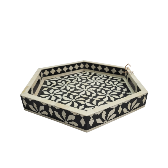 8 WDN BLACK BONE INLAY SERVING TRAY SET OF 2 | HANDMADE FLORAL HEXAGON TRAYS