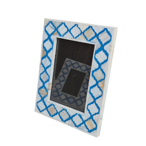 WDN MOTHER OF PEARL INLAY PHOTO FRAME SET | HANDMADE BLUE TRELLIS PICTURE FRAMES