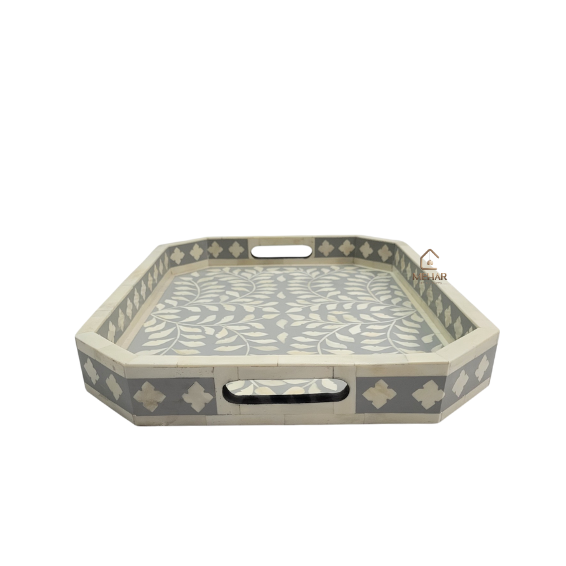 8 WDN GREY BONE INLAY SERVING TRAY SET | HANDMADE DECORATIVE TRAYS