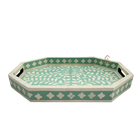 8 WDN BONE INLAY TURQUOISE SERVING TRAY SET | HANDMADE FLORAL DECORATIVE TRAYS