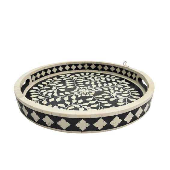 8 WDN BONE INLAY BLACK ROUND SERVING TRAY SET | HANDMADE DECORATIVE TRAYS