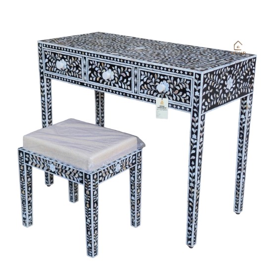 8 WDN BLACK MOTHER OF PEARL INLAY FLORAL VANITY SET | HANDMADE DRESSING TABLE