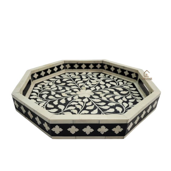 9 WDN BONE INLAY FLORAL SERVING TRAY SET | HANDMADE BLACK & WHITE TRAYS