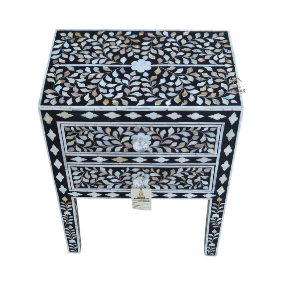 WDN MOTHER OF PEARL INLAY FLORAL BEDSIDE TABLE | HANDMADE LUXURY NIGHTSTAND