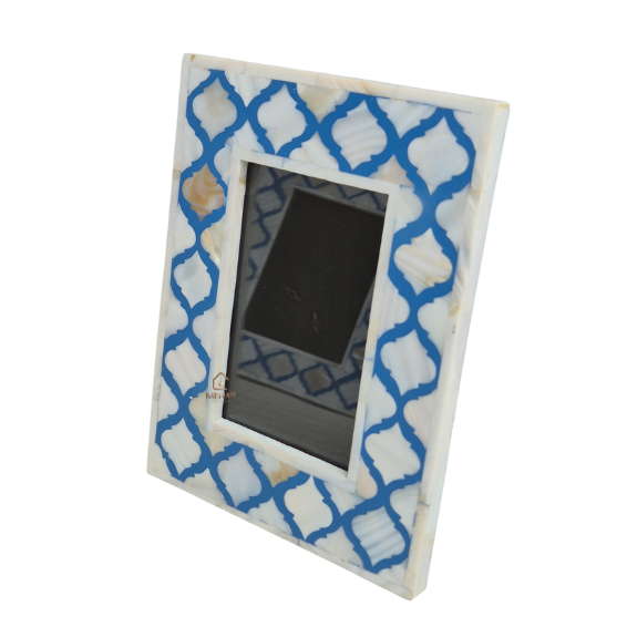 WDN MOTHER OF PEARL INLAY PHOTO FRAME SET | HANDMADE BLUE TRELLIS PICTURE FRAMES