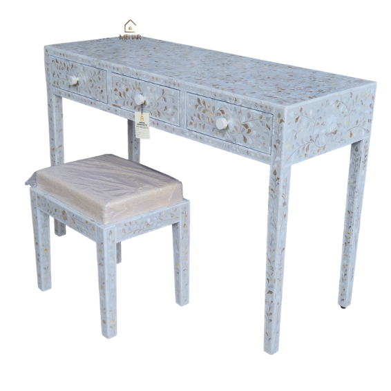 9 WDN MOTHER OF PEARL INLAY FLORAL GREY VANITY SET WITH MIRROR & STOOL | DRESSING TABLE