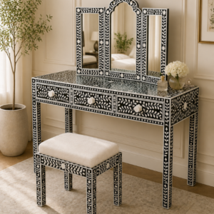 WDN BLACK MOTHER OF PEARL INLAY FLORAL VANITY SET | HANDMADE DRESSING TABLE