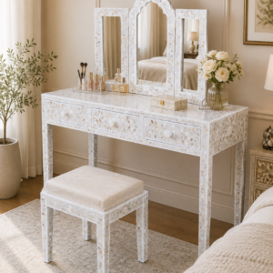 WDN MOTHER OF PEARL INLAY FLORAL GREY VANITY SET WITH MIRROR & STOOL | DRESSING TABLE